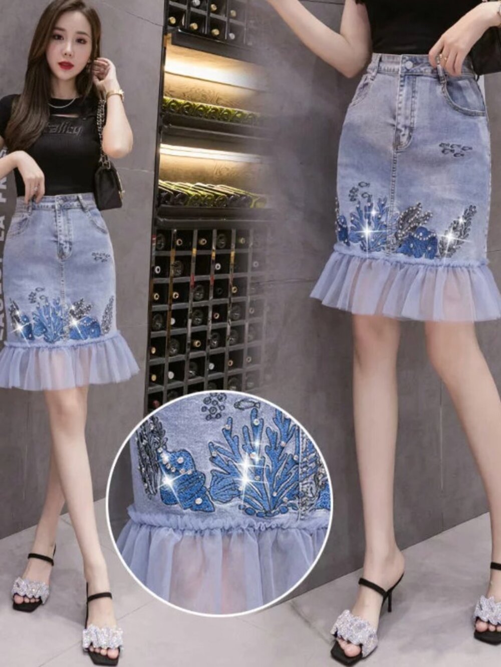 Embroidered Denim Skirt with Mesh Paneling and Rhinenstones (S/M-never worn)